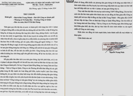 Ban đại diện hội cha mẹ học sinh trường THPT Hồng Bàng gửi thư cảm ơn